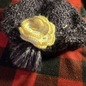Source Unknown Purple Knit Beret with Yellow Floral Detail
